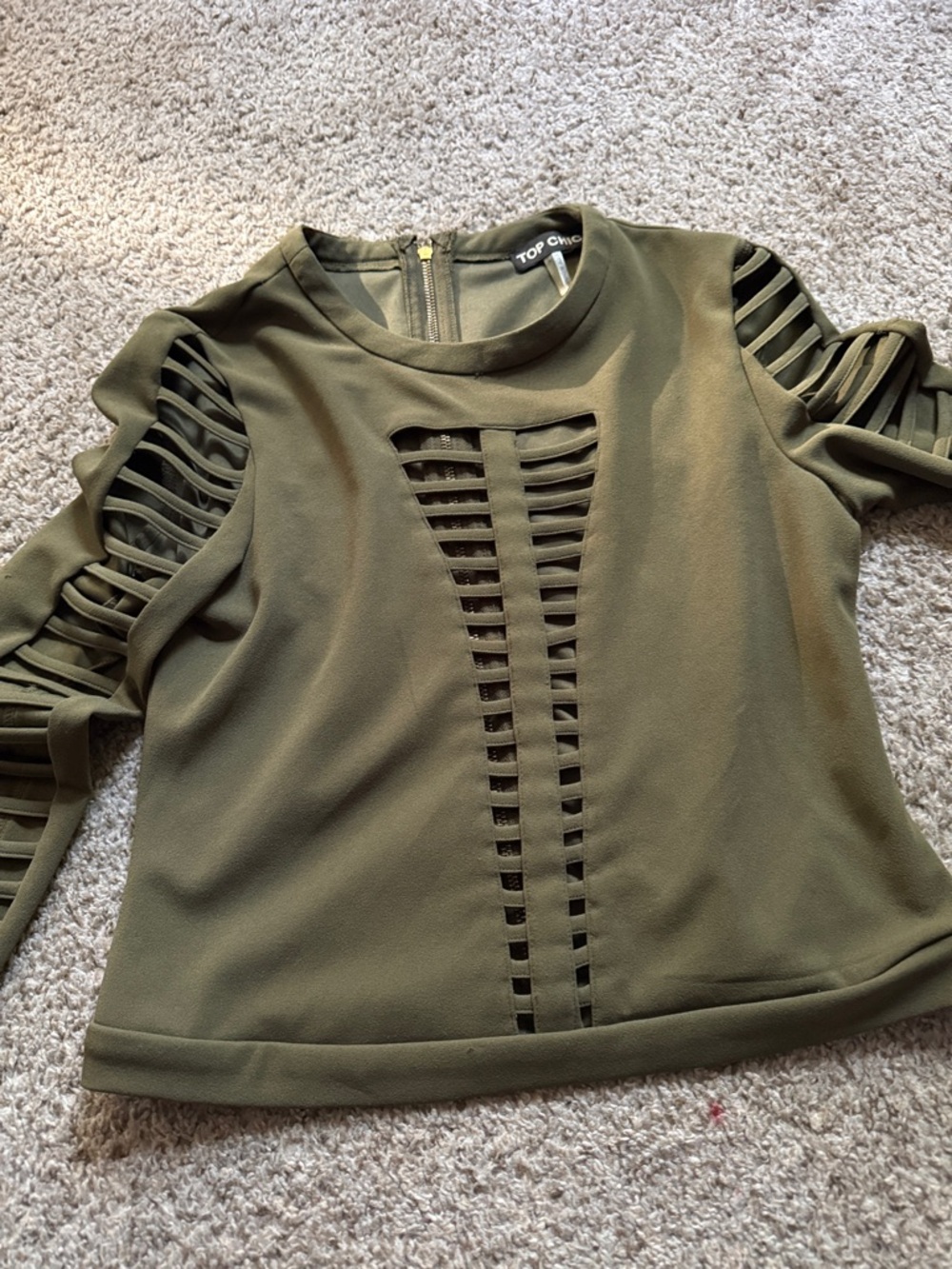 Topshop Olive Cutout Ladder-Detail Long Sleeve Top